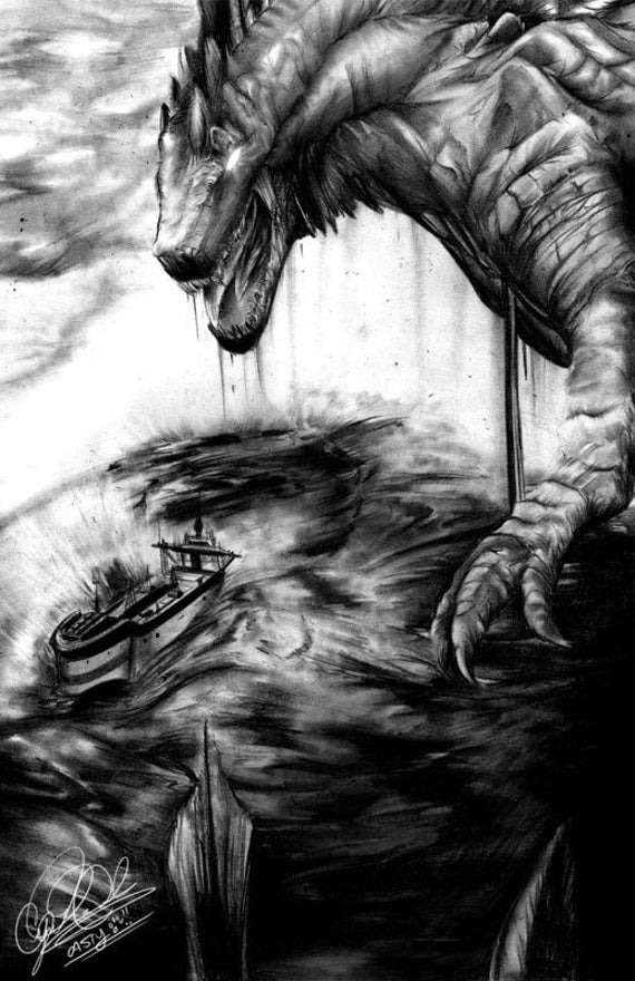 Godzilla Graphit Zeichnung Kunstdrucke Lesezeichen Knopfe Etsy