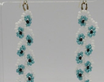 Floral, Daisy Chain, Blue, White, Silver, Dangle/Drop Earring