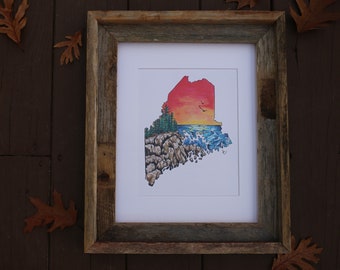 Maine Coast Watercolor Art Print: Coastal Landscape Painting