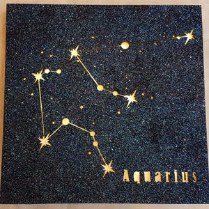 Lampada Costellazione Zodiaco Acquario. Led batteria, glitter blu, da appendere o appoggiare