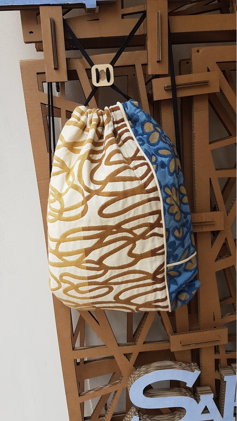 Travel backpack Precious fabric Blue and red patterned fabric Backpack with rope handles Sport backpack Fabric backpack