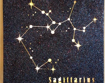 Lampada Costellazione Zodiaco Saggitario. Led batteria, glitter blu, appendere o appoggiare.