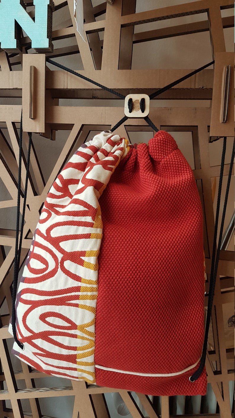 Travel backpack Precious fabric Blue and red patterned fabric Backpack with rope handles Sport backpack Fabric backpack
