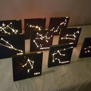 Puede incluir: Doce placas de madera con constelaciones y sus nombres, iluminadas con luces blancas. Las placas est&aacute;n dispuestas en fila sobre una superficie blanca.