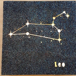 Lampada Costellazione Zodiaco Leone. Led batteria, glitter blu notte,  da appendere o appoggiare