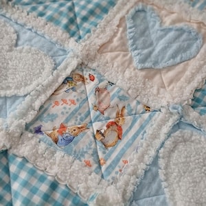 May include: A patchwork baby quilt with a design featuring blue gingham, bunny print, and solid blue fabrics. The quilt has a soft, white, fluffy trim and a light blue heart applique.