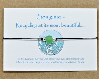 Recycled Upcycled Sustainable Eco friendly. Sea glass Wish bracelet & message card. Gift for teenager Best Friend gifts.  Friendship anklet