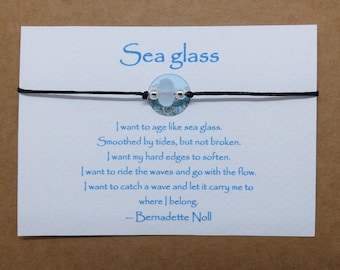Birthday gift Recycled Upcycled Eco friendly Sustainable jewellery. Unique, unusual ideas her. Sea glass Friendship bracelet & message card