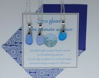 Gift for her. Birthday Christmas. Recycled, Upcycled Sustainable  jewellery. Sea glass pendant necklace & Message card Survivor Anxiety gift