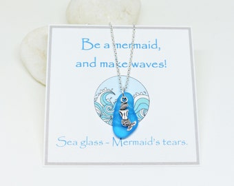 Birthday gift for teenage girl. Teenager gifts Sea glass Mermaid pendant necklace & message card Recycled Upcycled Sustainable Eco friendly
