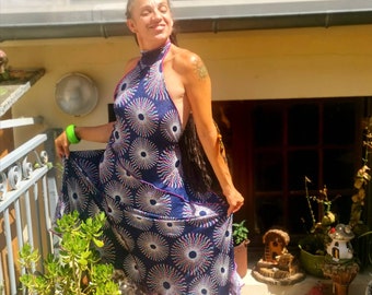 Robe d'été, robe dos nu, robe viscose  stretch, robe de plage, robe soirées, robe d'été, robe bleue jeans, motifs psychedelique, psytrance