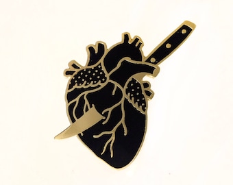 Hard Enamel pin of a heart and dagger, gold and black, jewelry accessories, pins and patches, limited edition 100