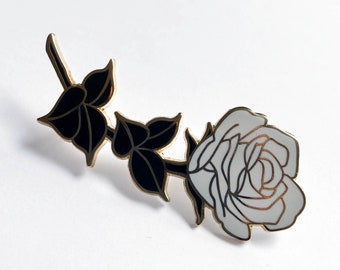 Hard Enamel pin of a white and black rose, flower gold and black, witch's jewelry accessories, pins and patches