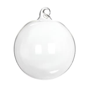 May include: A clear glass globe ornament with a metal loop at the top. The globe is ideal for displaying small items or plants.