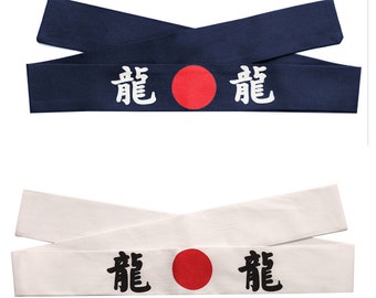 2 diademas de algodón para el pelo con personajes japoneses (dragón), ninja, samurái, bushido, karate, para hombre, estilo chef de sushi, Hachimaki (blanco y azul marino).