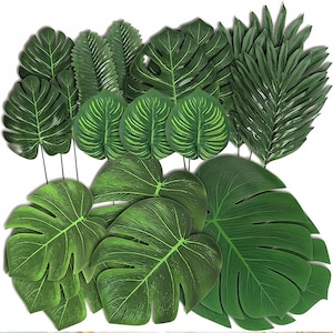 May include: An assortment of artificial green leaves, including Monstera and palm varieties. The leaves vary in size and shape, with detailed veining and textures. Some leaves are attached to stems, while others are loose. Ideal for tropical-themed decor.