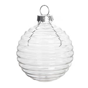May include: A clear glass Christmas ornament with a ribbed texture. The ornament has a silver metal top.