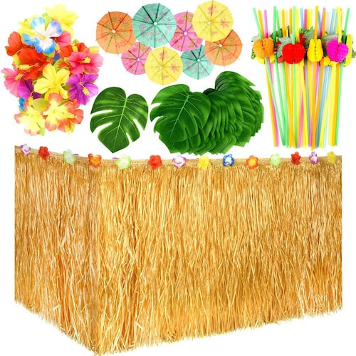 Table Hawaii Décoration Table Hawaïenne - Lot De 74 Pièces (Jupe, Fleurs, Palmiers, Pailles) - Pour Fête Luau Ou Plage Set Déco Hawaï Flowers