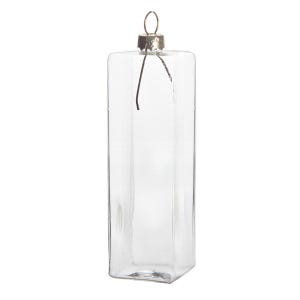 Könnte beinhalten: Ein transparenter Glas-Anhänger mit silbernem Oberteil und einer Drahtschlaufe zum Aufhängen. Der Anhänger ist rechteckig.