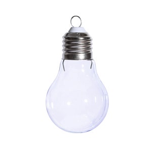 Puede incluir: Un adorno de bombilla de vidrio transparente con una parte superior de metal plateado y un lazo de alambre para colgar.