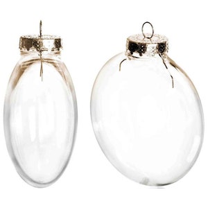 May include: Two clear glass Christmas ornaments with silver tops. The ornaments are round and have a smooth surface.