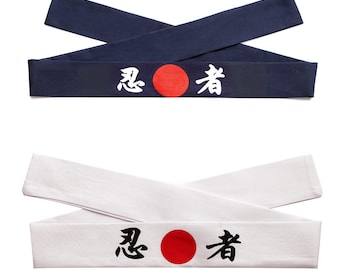 2 diademas de algodón para el pelo con personajes japoneses (Ninja), samurái, bushido, karate, para hombre, estilo chef de sushi Hachimaki (blanco y azul marino).