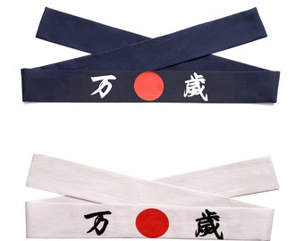 2 diademas de algodón para el pelo con caracteres japoneses (blanco y azul marino) (larga vida), diseño de ninja, samurái, bushido y karate para hombre, diadema de chef de sushi Hachimaki.