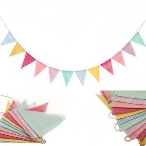 May include: A colorful bunting banner with triangular flags in pastel shades of pink, yellow, blue, and green. The flags are strung together on a thin string, perfect for party decorations or adding a touch of whimsy to any space.