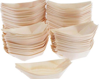 100 Pieces - Party Supplies Disposable Tableware 5.12Inch (130mm) Natural Wood Biodegradable Food Boat Plate