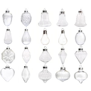 May include: Twenty clear glass Christmas baubles with silver tops in various shapes, including a bell, a bulb, a heart, a diamond, and a star.