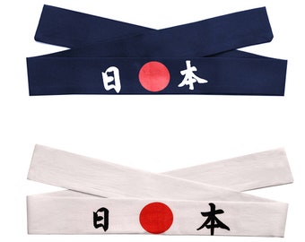 2 diademas de algodón para el pelo (blanco y azul marino) con personajes japoneses (Japón), Ninja, Samurai, Bushido, Karate, para hombre, Hachimaki, Sushi, Chef.