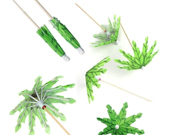 May include: Six green and white paper cocktail umbrellas with wooden skewers. The umbrellas are in various positions, some open and some closed.