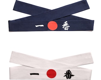 2 diademas de algodón con personajes japoneses (blanco y azul marino) (pruébalo), samurái, ninja, bushido, karate, para chef de sushi Hachimaki.