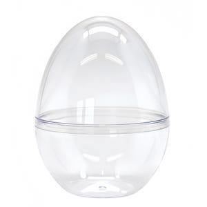 May include: A clear, two-piece plastic egg-shaped container. The top half is a clear dome that fits over the bottom half. The container is designed to hold small items and is suitable for crafts or party favors.