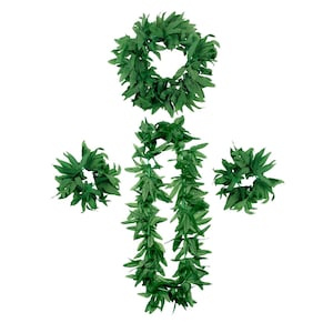 May include: A collection of green artificial leis and wristlets. The set comprises a circular lei, a long lei, and two wristlets, all crafted from green leaves. The items are displayed against a white backdrop.