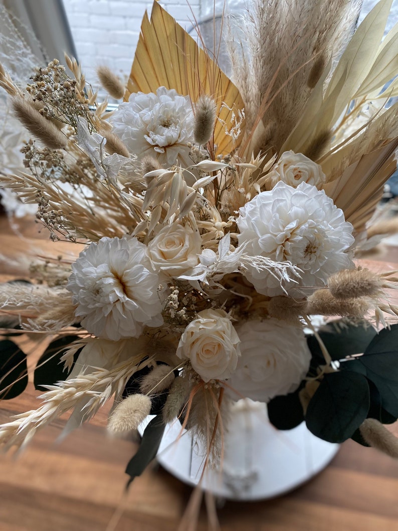 Boho dahlia and mixed rose bouquet/ white bouquet/ wedding bouquet/ dried flower bouquets / preserved bouquet image 5