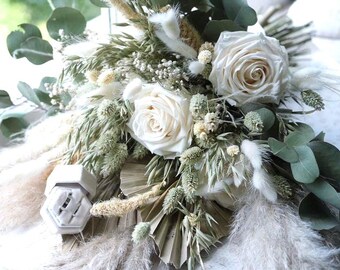 Boho Dried Flower Wedding Bouquet: Preserved Rose & Pampas Grass