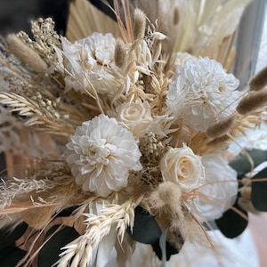 Boho dahlia and mixed rose bouquet/ white bouquet/ wedding bouquet/ dried flower bouquets / preserved bouquet image 1