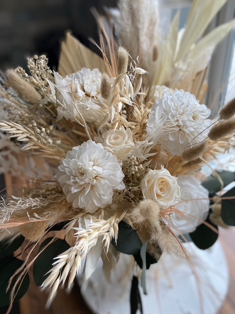 Boho dahlia and mixed rose bouquet/ white bouquet/ wedding bouquet/ dried flower bouquets / preserved bouquet image 1