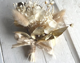 Cream & Gold Dried Flower Boutonniere: Boho Wedding Lapel Pin