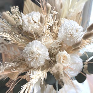 Boho Preserved Cream and White Dahlia and Rose Bouquet: Pampas Grass Wedding Bouquet