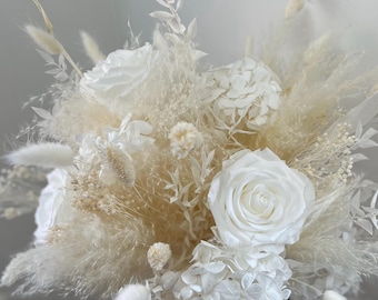 White Rose Dried Flower Wedding Bouquet: Boho Pampas Grass Bridal Posy