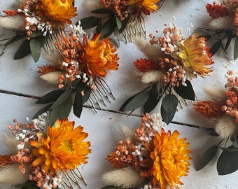 Terracotta/ rust wedding hair comb/ burnt orange hair accessories/ dried flower hair comb/ dried flower hair pin/ gypsophila hair comb