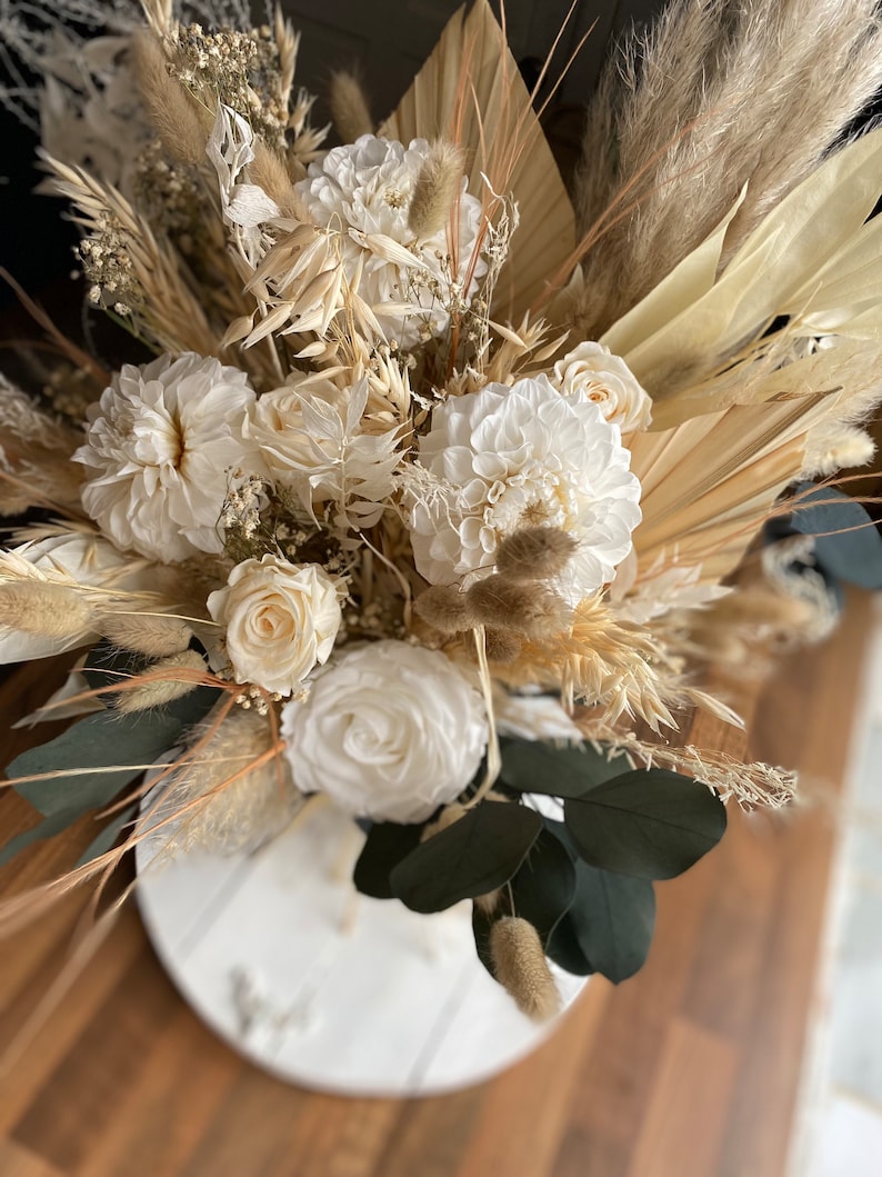 Boho dahlia and mixed rose bouquet/ white bouquet/ wedding bouquet/ dried flower bouquets / preserved bouquet image 7