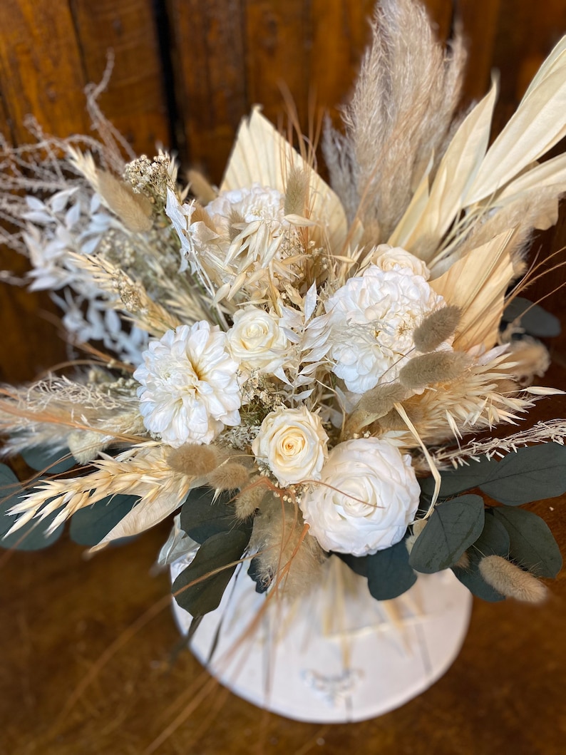 Boho dahlia and mixed rose bouquet/ white bouquet/ wedding bouquet/ dried flower bouquets / preserved bouquet image 4