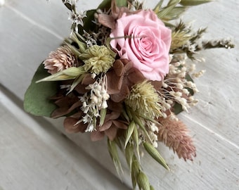 Pink Rose Dried Flower Boutonniere: Boho Wedding Lapel Pin
