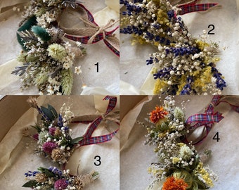 Dried flower boutonnières & corsages, custom order dried flower designs, wedding flowers, boho theme, bridal florals, groom button hole