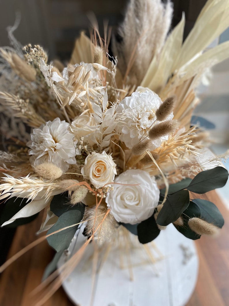 Boho dahlia and mixed rose bouquet/ white bouquet/ wedding bouquet/ dried flower bouquets / preserved bouquet image 3