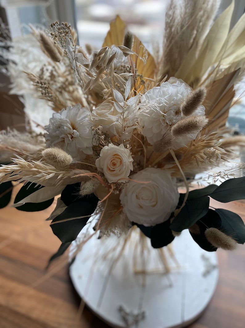 Boho dahlia and mixed rose bouquet/ white bouquet/ wedding bouquet/ dried flower bouquets / preserved bouquet image 2