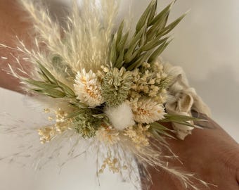 Dried Flower Corsage: Boho Wedding, Sage & Cream Rose